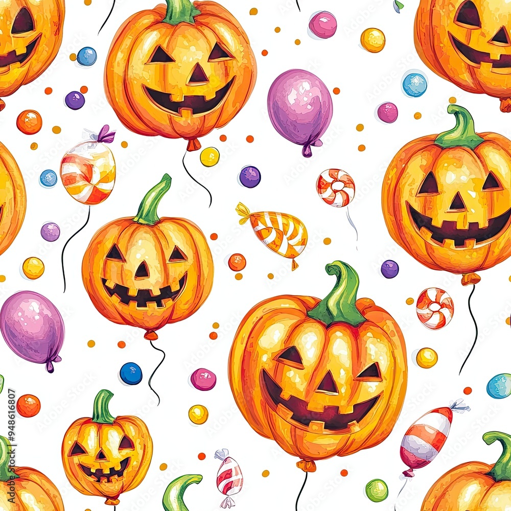 Cheerful Halloween Jack-O-Lanterns Floating with Balloons over Candy Land Cheerful Halloween Jack-O-Lanterns Floating with Balloons over Candy Land