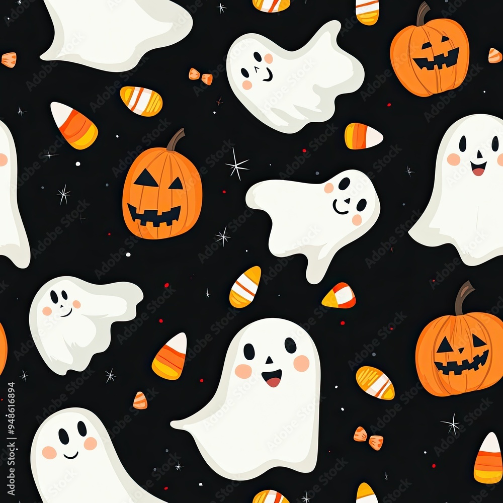 Playful Ghosts Spreading Love in Halloween Scene with Jack-o-Lanterns and Candy Corn Shower Playful Ghosts Spreading Love in Halloween Scene with Jack-o-Lanterns and Candy Corn Shower