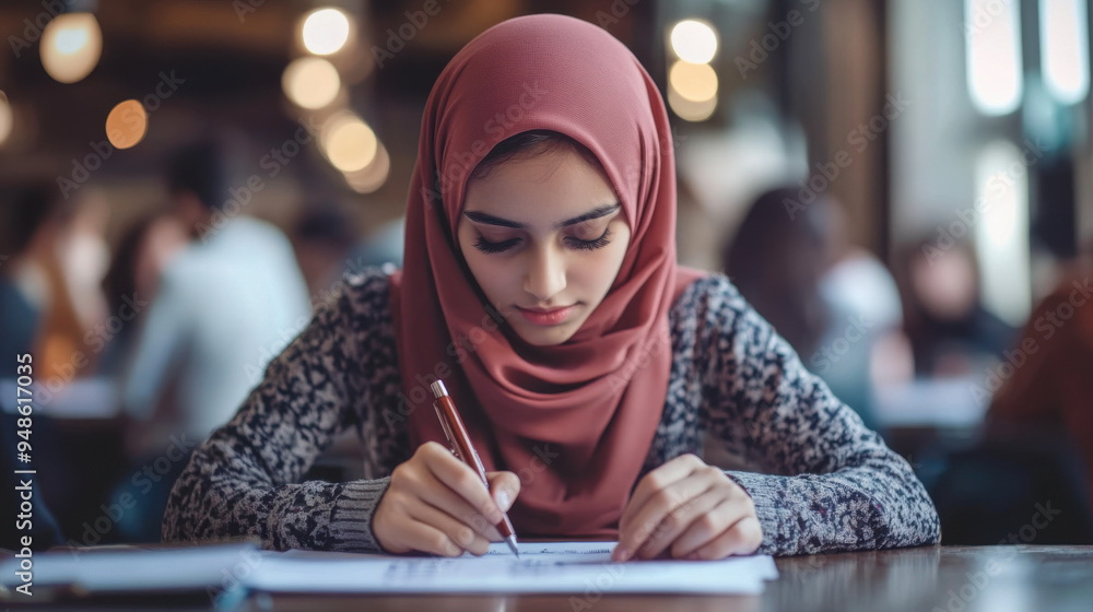Young Muslim girl in a hijab, taking practice tests as she prepares for her exams, Young Muslim girl in a hijab, taking practice tests as she prepares for her exams,