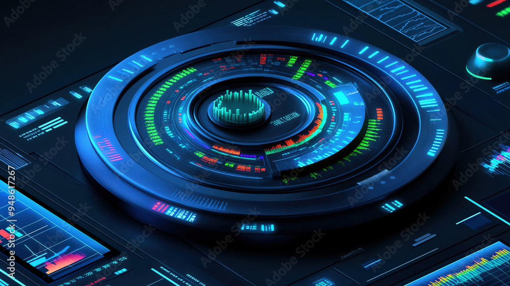 Futuristic dashboard interface with vibrant circular displays and data metrics. Ideal for technology and innovation themes. Futuristic dashboard interface with vibrant circular displays and data metrics. Ideal for technology and innovation themes.