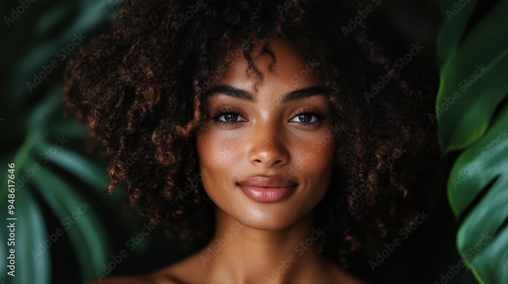 A close-up portrait of a woman with curly hair, illuminated by natural light, surrounded by lush, green foliage. Her serene expression enhances the image's tranquil feel. A close-up portrait of a woman with curly hair, illuminated by natural light, surrounded by lush, green foliage. Her serene expression enhances the image's tranquil feel.