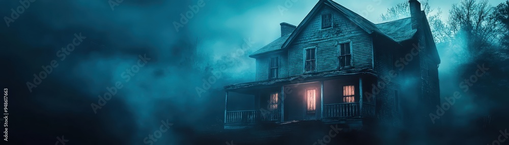 Eerie, spooky abandoned house with a glowing light in the window, shrouded in mist and mystery, perfect for horror and Halloween themes. Eerie, spooky abandoned house with a glowing light in the window, shrouded in mist and mystery, perfect for horror and Halloween themes.