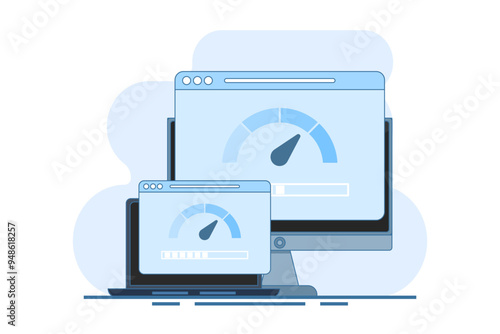 Internet speed concept. Smartphone, laptop and computer with internet connection speed test on screen, internet download speed and network performance on flat web page illustration.