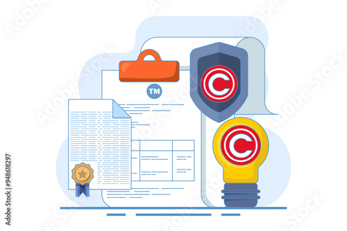 Concept of Trademark, Copyright and Patent Intellectual Property. copyright patent law, Copyright protected by law, patent protection, Intellectual property, Copyright symbol, Legal documents.