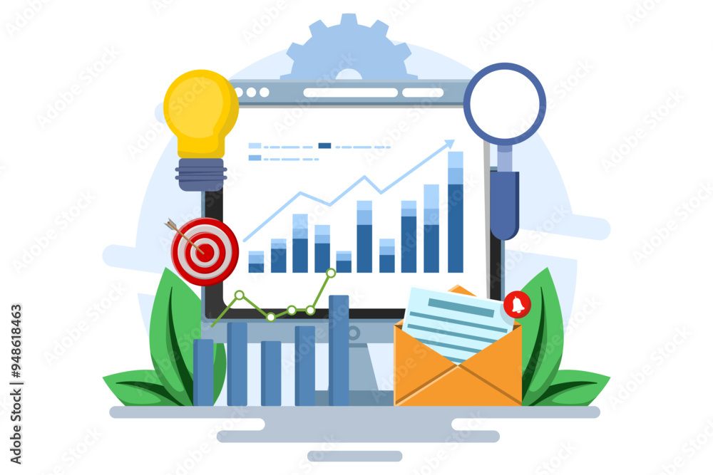 Business performance data analysis concept, Search engine optimization, Market research chart, Data analysis, Financial report, Business strategy, Financial forecast. Flat vector illustration. Business performance data analysis concept, Search engine optimization, Market research chart, Data analysis, Financial report, Business strategy, Financial forecast. Flat vector illustration.