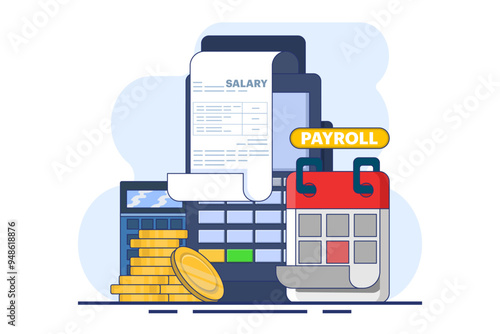 payroll system concept, online income calculation and automatic payment, administrative accounting office or calendar payment date, computer with online payroll. flat vector illustration on background