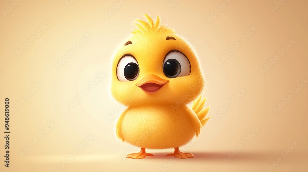 Fototapeta premium A cute cartoon duck, round body, yellow fur, large eyes, lively expression, cartoon style with simple gradient background