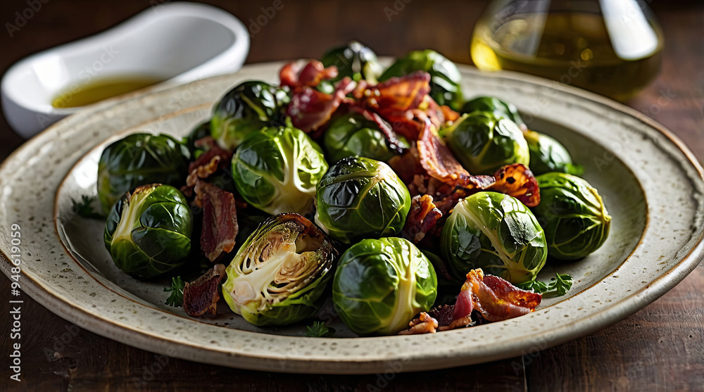 an appetizing serving of roasted brussels sprouts, skilfully garnished with crispy bacon bits and fresh parsley an appetizing serving of roasted brussels sprouts, skilfully garnished with crispy bacon bits and fresh parsley