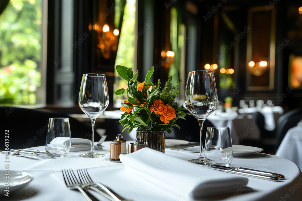 Fototapeta premium Elegant restaurant table setting featuring fine dining glassware and a lovely flower arrangement in a sophisticated atmosphere.