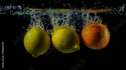 Lemon and orange with splashes, dropping into water photo