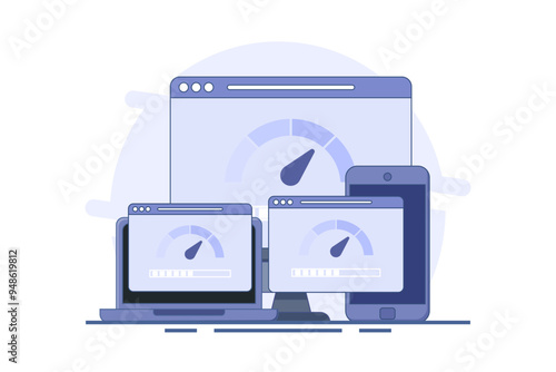Internet speed concept. Smartphone, laptop and computer with internet connection speed test on screen, internet download speed and network performance on flat web page illustration.
