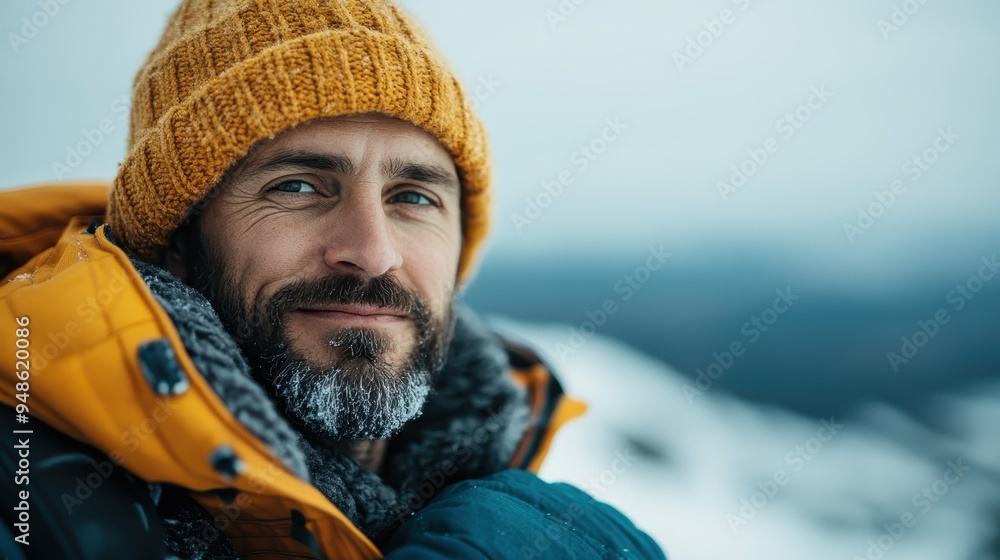 A cheerful man in winter gear, smiling amidst a snowy landscape. The bright colors of his attire contrast beautifully with the wintry white surroundings. A cheerful man in winter gear, smiling amidst a snowy landscape. The bright colors of his attire contrast beautifully with the wintry white surroundings.