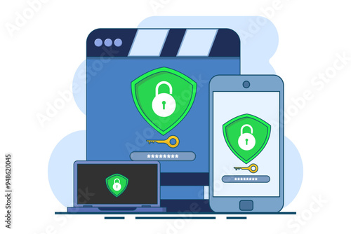 Security software concept that protects multiple digital devices from cyber attacks, Website is protected by access, Data privacy, flat vector illustration on background.