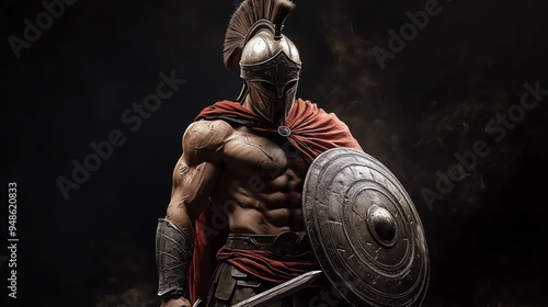 Ancient warrior in full armor with a red , spartan