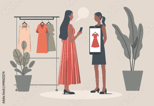 Woman purchasing clothes at shopping with mobile phone application. Looking for offers, promotion concept