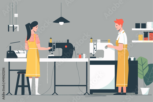 Person supervises a seamstress at a sewing machine. Entrepreneur clothes making process