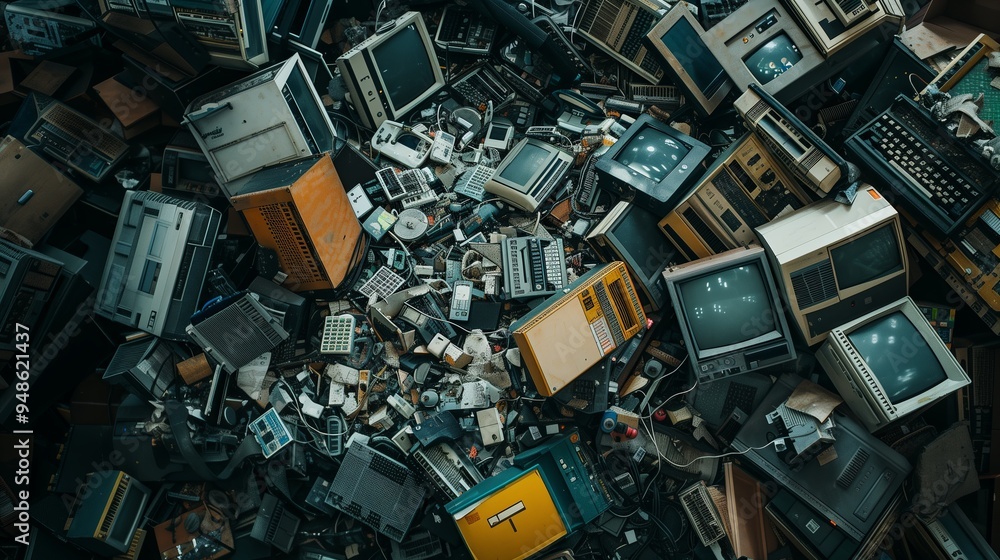 A vivid close up of a towering pile of electronic waste, showing an assortment of discarded monitors, keyboards, and other gadgets. The image highlights the intricate details of A vivid close up of a towering pile of electronic waste, showing an assortment of discarded monitors, keyboards, and other gadgets. The image highlights the intricate details of