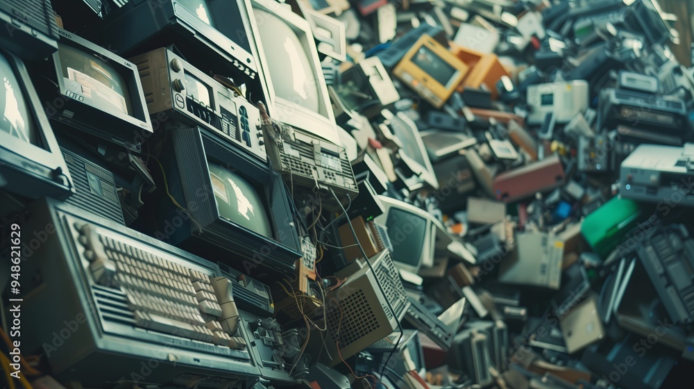 A vivid close up of a towering pile of electronic waste, showing an assortment of discarded monitors, keyboards, and other gadgets. The image highlights the intricate details of A vivid close up of a towering pile of electronic waste, showing an assortment of discarded monitors, keyboards, and other gadgets. The image highlights the intricate details of
