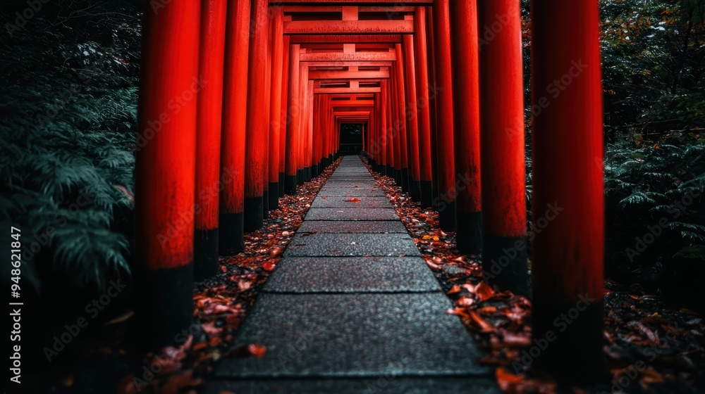 A captivating image of a traditional red Torii gate pathway elaborately adorned, leading through a serene, leafy woodland area with a sense of cultural history and tranquility. A captivating image of a traditional red Torii gate pathway elaborately adorned, leading through a serene, leafy woodland area with a sense of cultural history and tranquility.