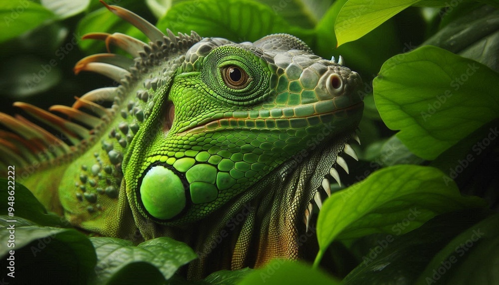 Bright Green Iguana Camouflaged Among Leaves Bright Green Iguana Camouflaged Among Leaves