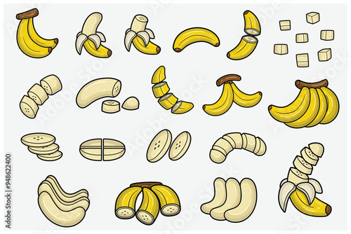 Banana fruits cartoon set with slice, half, cutting and different pose. Design elements for backdrop, pattern, wallpaper, label, flavor, strain and packaging.