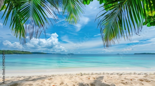 Tropical Beach View from Under Palm Tree.