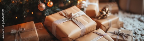 Pile of wrapped presents under a Christmas tree photo