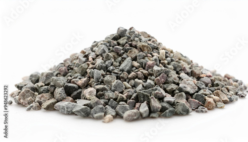 Pile of crushed stones isolated on white backdrop. Natural material. photo