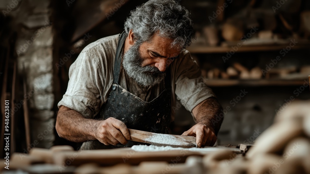 This image showcases a carpenter focused on sanding wood in a rustic workshop. The scene highlights the traditional woodworking practices and the art of craftsmanship. This image showcases a carpenter focused on sanding wood in a rustic workshop. The scene highlights the traditional woodworking practices and the art of craftsmanship.