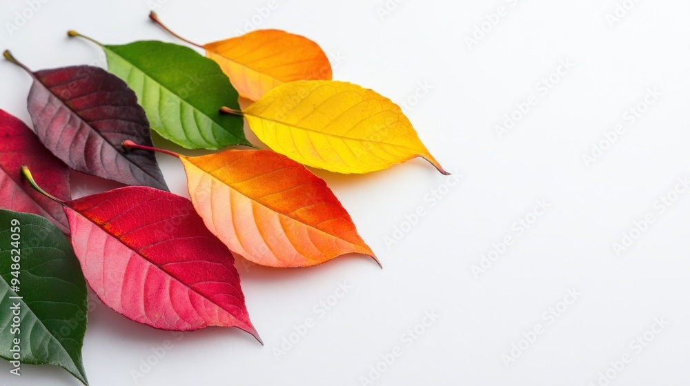 Vibrant autumn leaves in various colors arranged artistically on a white background, showcasing nature's beauty and diversity. Vibrant autumn leaves in various colors arranged artistically on a white background, showcasing nature's beauty and diversity.