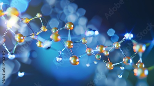 Abstract 3D rendering of a molecule structure with glowing spheres and blurred background.