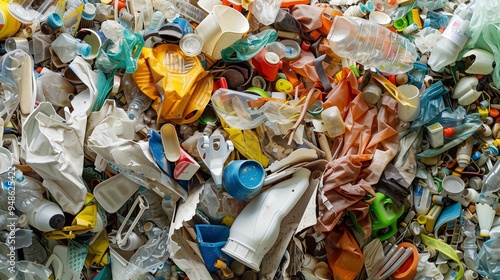 An intricate close up of a massive heap of plastic trash, featuring broken containers, tangled plastic bags, and discarded utensils. The detailed textures of the plastic items are