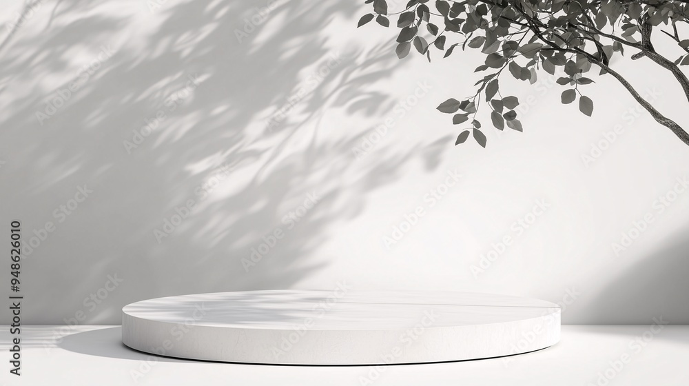 3d empty round white podium with gobo lighting leaves shadow or display product advertisement