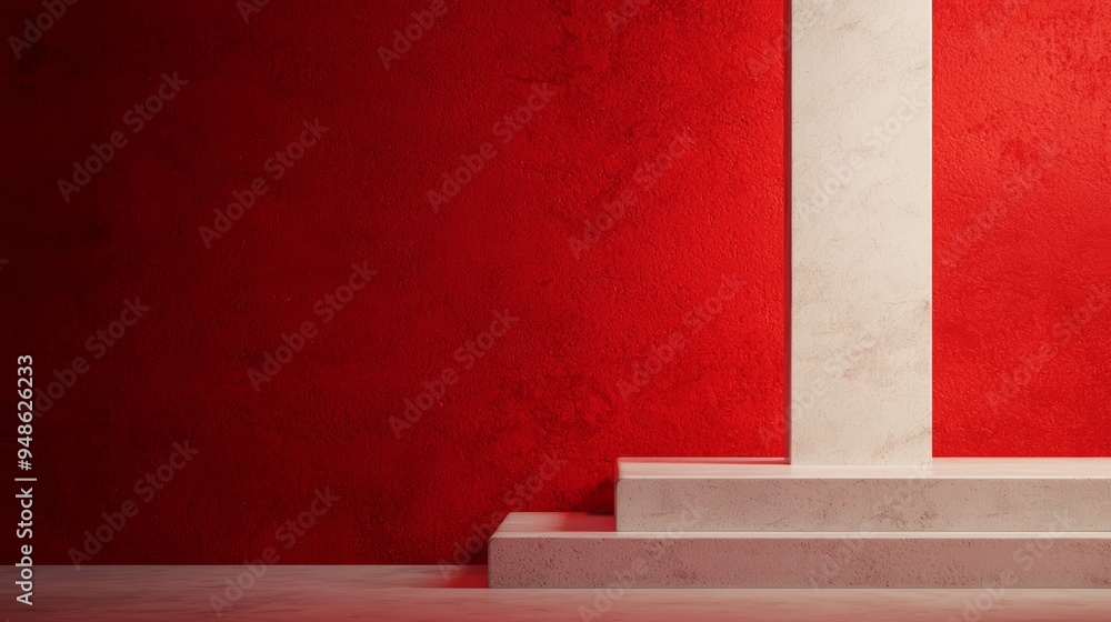 Stylish podium against a bold red wall, perfect for presentations or displays. Modern design adds a striking visual element. Stylish podium against a bold red wall, perfect for presentations or displays. Modern design adds a striking visual element.