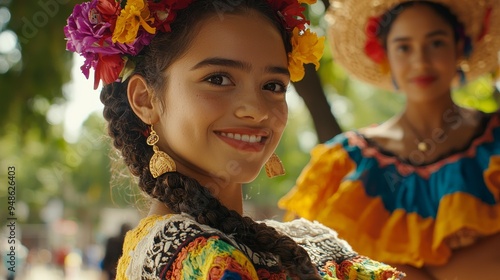 Vibrant and Joyful Hispanic Woman Celebrating Heritage with Flower Crown and Braids