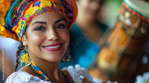 Vibrant and Joyful Portrait of a Woman at a Hispanic Heritage Festival