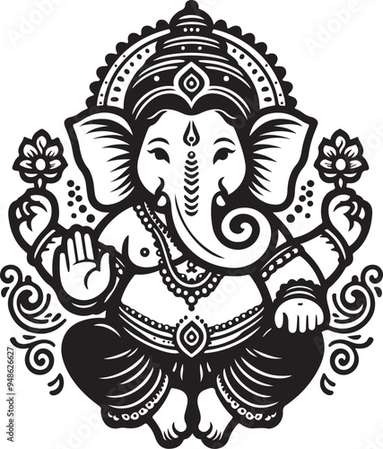 Indian God Ganapati Simple 2D Cute Single Characters with Silhouette Black and White Line Art with Low Details, Indian festival Ganesh Chaturthi black and White Lord Ganesh Character 