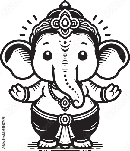 Wallpaper Mural Indian God Ganapati Simple 2D Cute Single Characters with Silhouette Black and White Line Art with Low Details, Indian festival Ganesh Chaturthi black and White Lord Ganesh Character  Torontodigital.ca