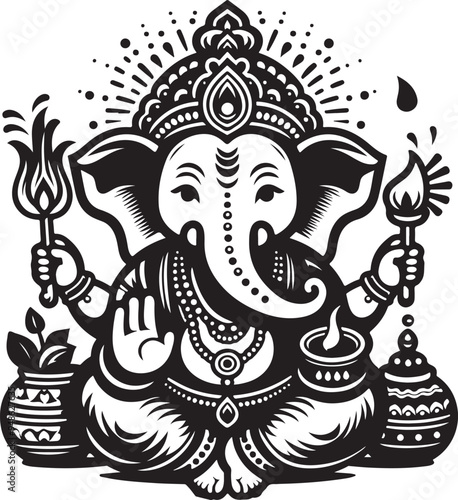 Indian God Ganapati Simple 2D Cute Single Characters with Silhouette Black and White Line Art with Low Details, Indian festival Ganesh Chaturthi black and White Lord Ganesh Character 