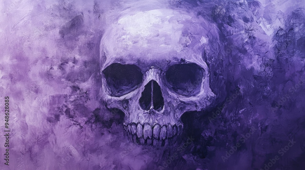 A Purple Oil Painting Depicting a Human Skull A Purple Oil Painting Depicting a Human Skull