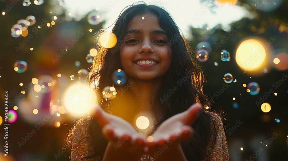 Joyful Girl Playing with Bubbles and Sparkling Lights in Nature Joyful Girl Playing with Bubbles and Sparkling Lights in Nature