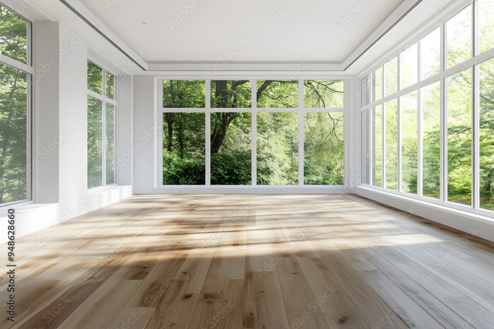 Obraz premium Empty High Ceiling Room with White Big Windows, Wooden Floor and White Walls interior design mock up