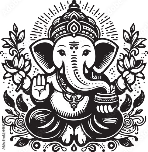 Indian God Ganapati Simple 2D Cute Single Characters with Silhouette Black and White Line Art with Low Details, Indian festival Ganesh Chaturthi black and White Lord Ganesh Character 