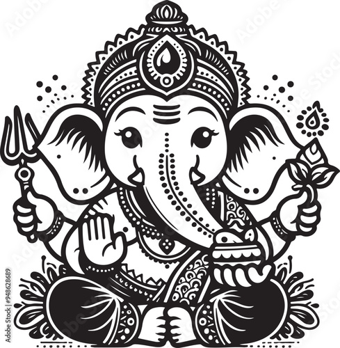 Indian God Ganapati Simple 2D Cute Single Characters with Silhouette Black and White Line Art with Low Details, Indian festival Ganesh Chaturthi black and White Lord Ganesh Character 