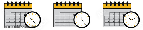 Calendar icon with clock. Icon notice message with clock, agenda symbol with selected important day. Time appointment, reminder date concept, time management. Calendar deadline. Business concept.