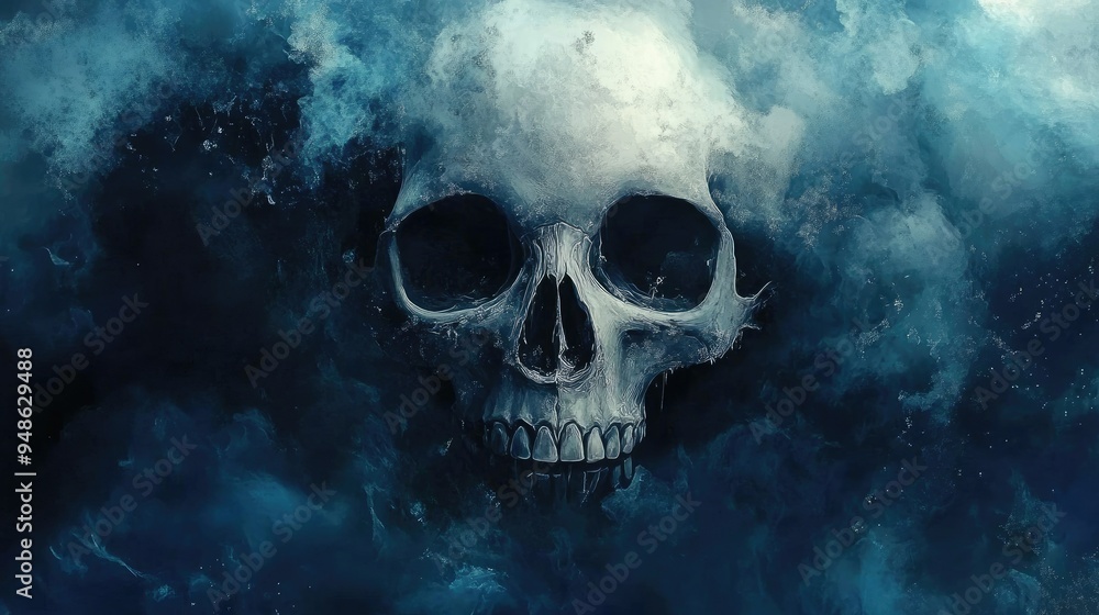 A Skull Emerging from a Dark, Blue, Foggy Abyss A Skull Emerging from a Dark, Blue, Foggy Abyss