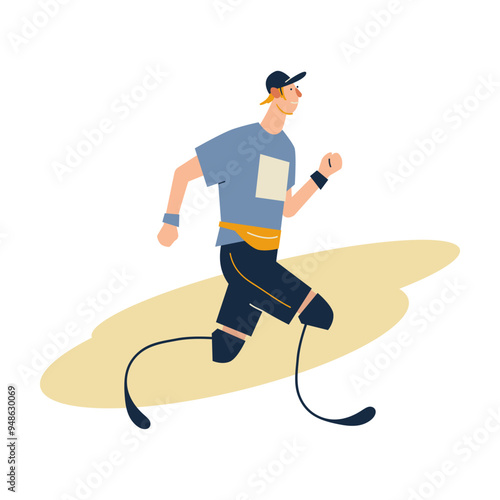 Disabled man runner with artificial limbs performing sports isolated. Male athlete with prosthesis legs running at marathon race flat vector illustration. Sportsman with physical disability.