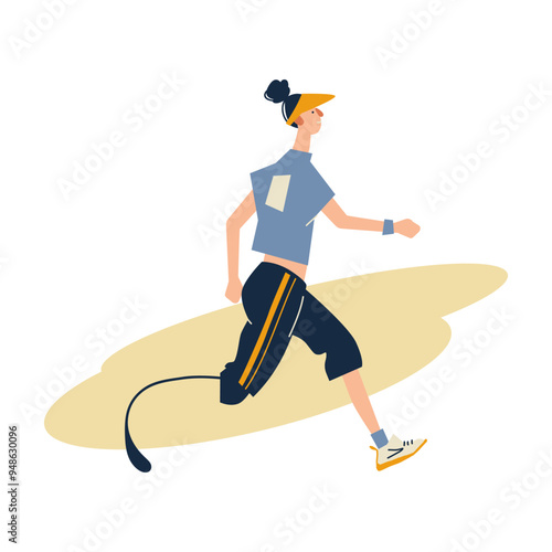 Disabled woman runner with artificial limbs performing sports isolated. Female athlete with prosthesis legs running at marathon race  flat vector illustration. Sportswoman with physical disability. 