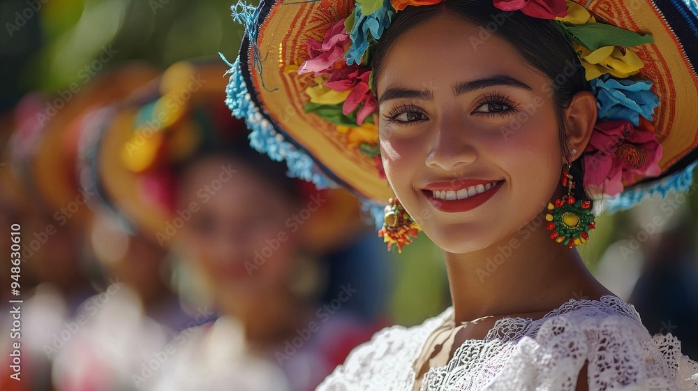 Fototapeta premium Vibrant Portrait of Smiling Hispanic Woman in Festive Floral Hat at Cultural