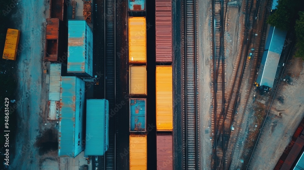 Obraz premium Cargo trains moving through industrial areas, representing the role of rail transport in goods movement and logistics.
